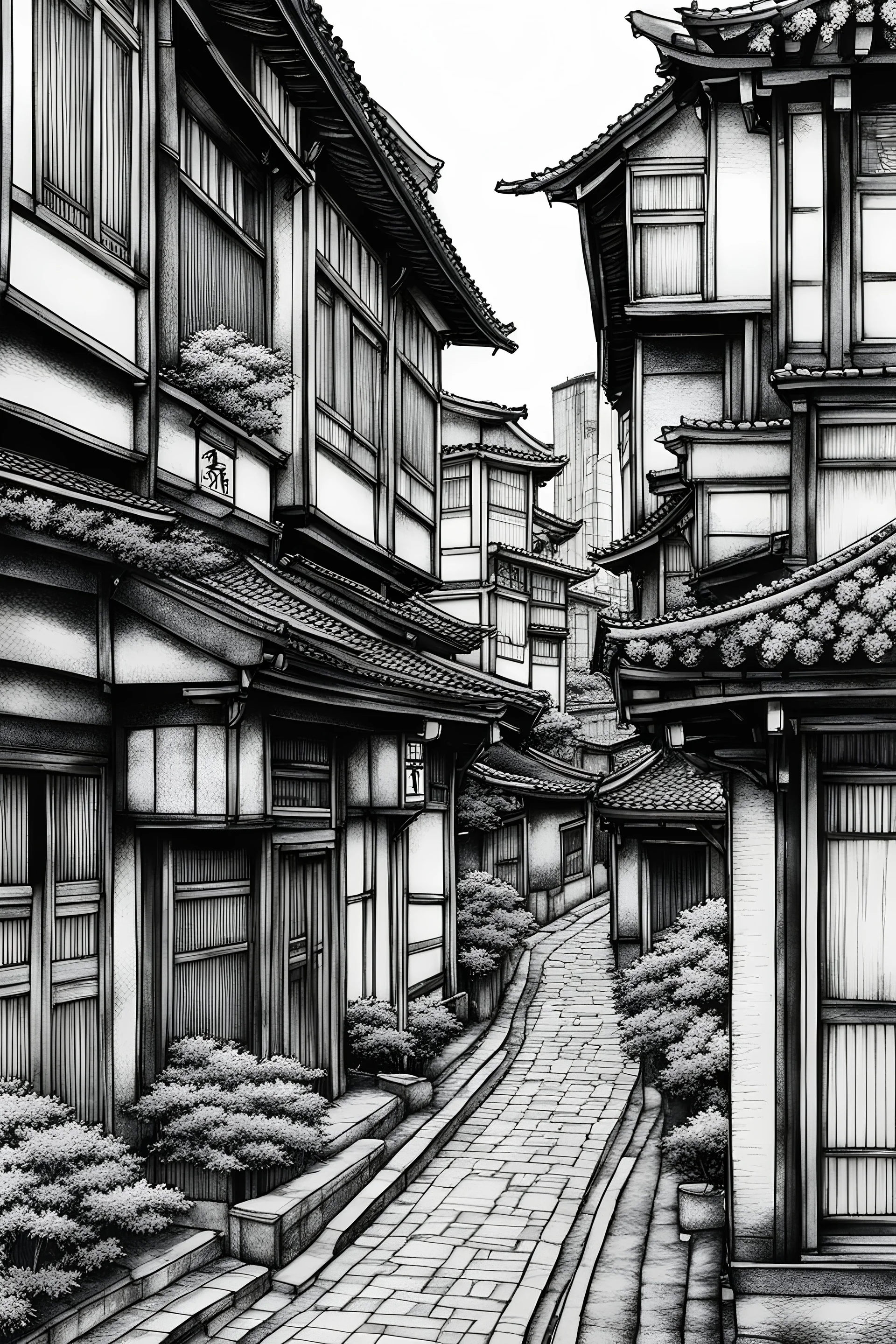 tokyo old street,Line Drawing, A classic black-and-white line drawing style with intricate details and clean lines. The streets are depicted with precision, capturing the architectural diversity of tokyo corner. The drawing will be realized as a traditional pen and ink illustration, with fine-tipped pens used for precise linework and shading