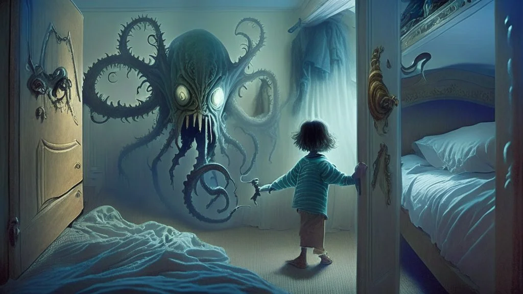 a lovecraftian alien overlord emerges from a child's bedroom closet but is terrified by a child holding a magical sword