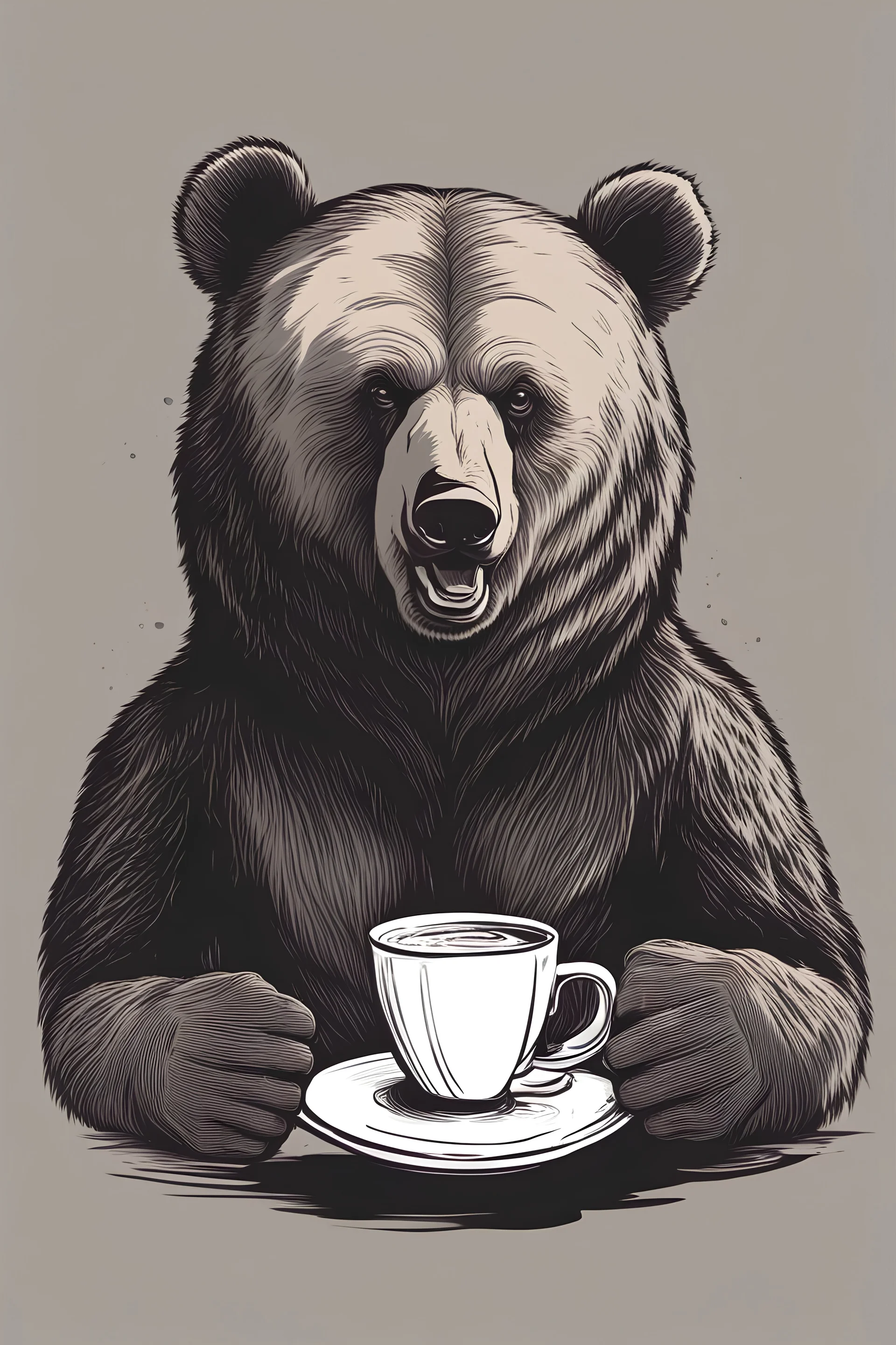 Bear awake hungry drinking a cup of coffee, vector 2d