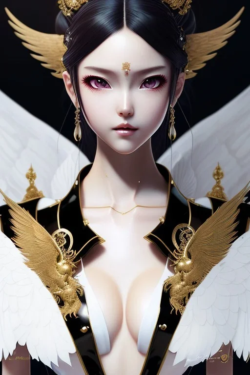 Detailed cute anime Kunoichi girl with wings, hair buns, bangs, black latex bodysuit, intricate details, full body portrait, keep head in frame, slight smile, black Japanese motif, concept art, highly detailed, digital painting, concept art, sharp focus, illustration, art by Yoji Shinkawa, WLOP and greg rutkowski and alphonse mucha and artgerm and yanjun Chen and Junji ito and Makoto Shinkai, HDR, octane render