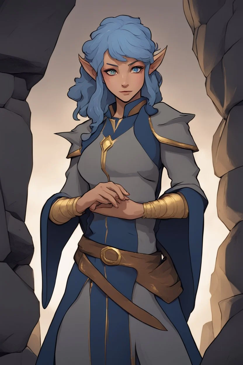 Dnd character in a dark cave. Leaning against a wall. A female Elf twilight cleric with curly, super short, blue hair and golden eyes, wearing gray and dark blue robes. Etheral, muscular, strong.