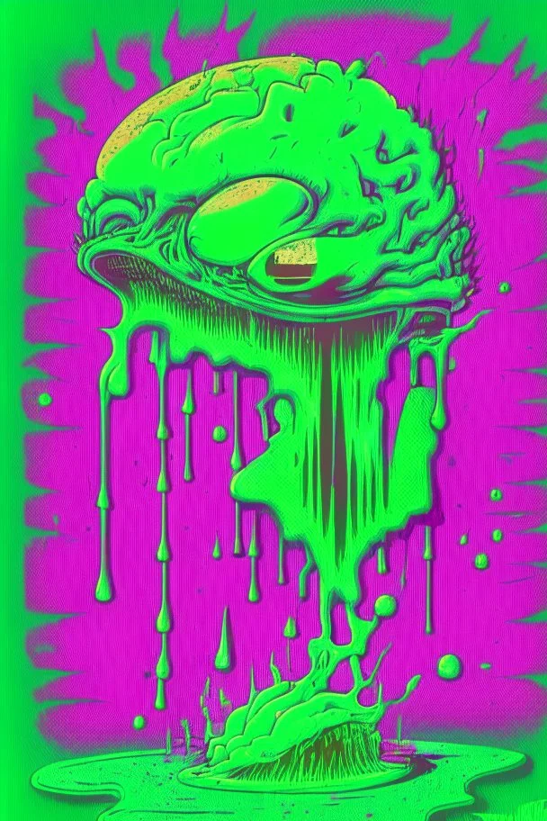 Vintage illustration of a slimey green brain melting, cartoonist animation style, hand drawn, neon lighting, gross art, pop punk, 90s anime inspired, airbrushing, post modern, horror cut, gradient chrome abberations, retro weird drawings, alien brain matter, blood spatter , scifi punk