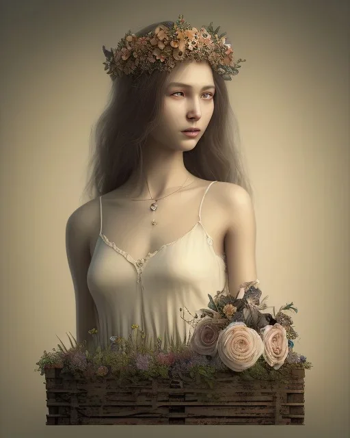 sepia portrait young girl with flower crown sitting on an empty crate, white dress, potholes on road, ramshackle, crow, 8k resolution, high-quality, fine-detail, intricate, digital art, detailed matte, volumetric lighting, dynamic lighting, illustration, 3D octane render, brian froud, howard lyon, selina french, anna dittmann, annie stokes, lisa parker, greg rutowski,