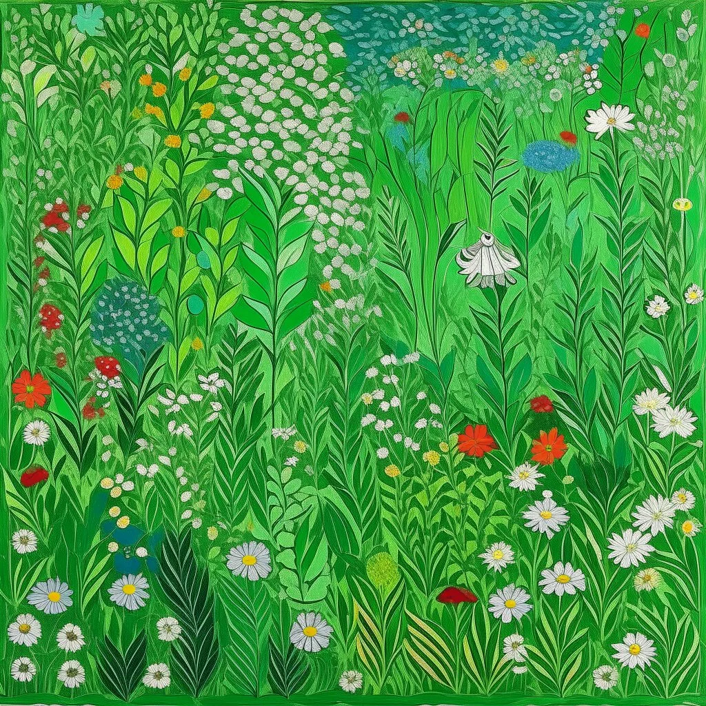 A green meadow with flowers designed in ancient Greek mosaics painted by Henri Matisse