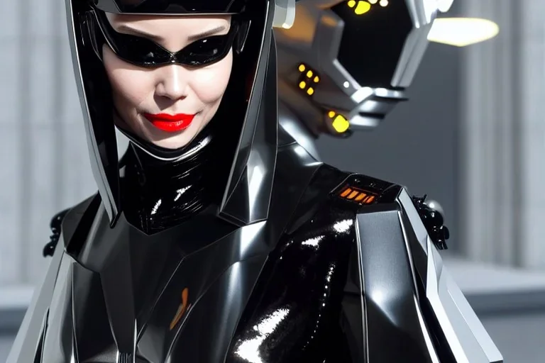 Technological utopia, singularity. Machine, fake smile, staring eyes. 3D-tiling on the adaptive background. Lightly armored, haughty cyborg. Cyber-punk full-mask. Lay figure woman is mischievous. Insane. Repugnant behavior towards a human. tippets. Haute Couture 1996. Light right. Colors are silver, black, Cyan. Huge headphones. golden rings. Thick tights Thick calves Curved fell Wide hip. Secretly change her head to another from wall, what reveals old ugly bold hag. Grotesque