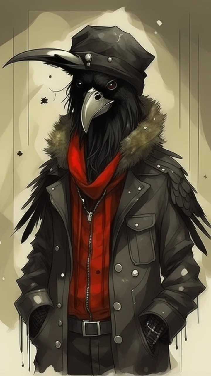 An illustration by Miyazaki and Rothko of a human-like raven with a punk leather jacket within a Christmas atmosphere.