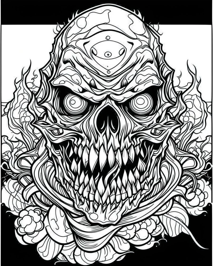 create a 2d black outline, "scary psycho monster with half of face with deformation on face and psycho smile and corrupted thorn coloring book for adults", coloring page, low details design, black contour, coloring page design, coloring page for adults,horror background, black contour and white space beetween contour, same contour,sketch style, horror style, creepy style, minimalist, halloween background,simple