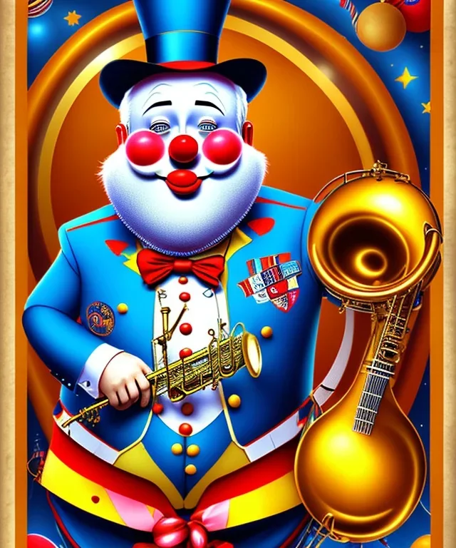 happy old friendly fat clown with round head and trimmed beard playing jazz with a steampunk theme, circus, realistic