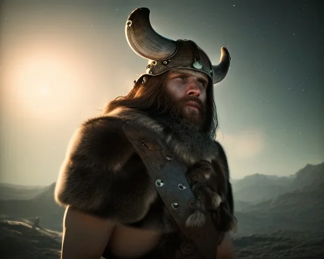 a sad and lonely viking looking up at the stars at night, hyper realistic, 8k, insane detail, atmospheric background, crying eyes, big fur coat, long braided hair, sharp focus, soft background, dynamic lighting, viking helmet, night time