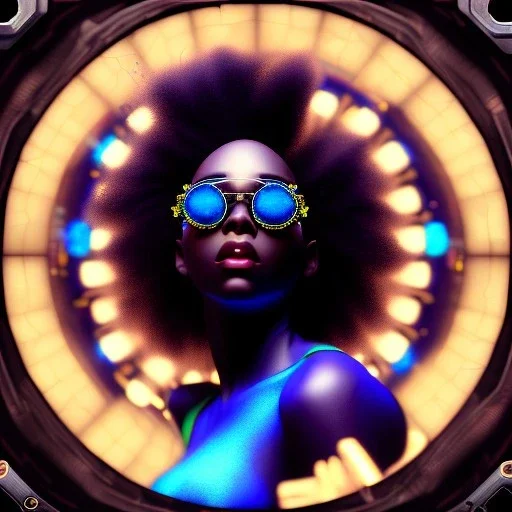 a black woman with blue crystal sunglases dancing in the club, steam punk, realistic, made in octane, cinematic, ultra-realistic, extremely detailed octane rendering, 8K, VRAY Super Real ar 2:3, dof photorealistic futuristic 50mm lens hard lighting dark gray tintype photograph, realistic lighting