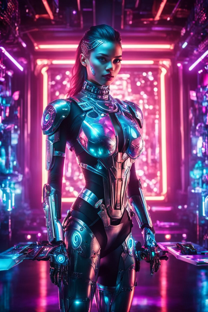 Photography High detailed super model beautiful woman as DJ body robot in disco club playing music DJ,with cybernetic elements on metal armor futuristic, neon lights reflections,intricate design and details, dramatic lighting, Cinematic lighting, Volumetric lighting, Epic composition, Photorealism, Bokeh blurry