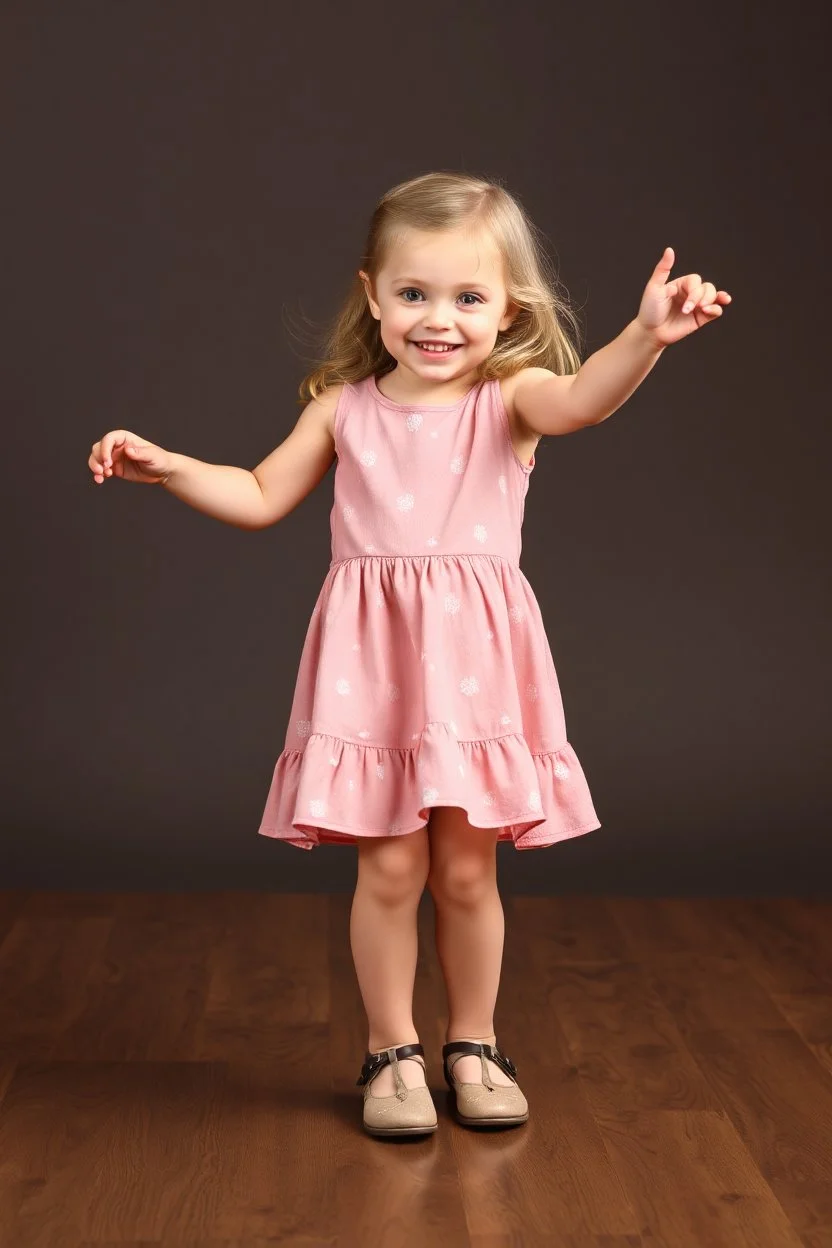 a pretty 5 years old girl with blue eyes and nice dress and shoes dancing and playing joyfully