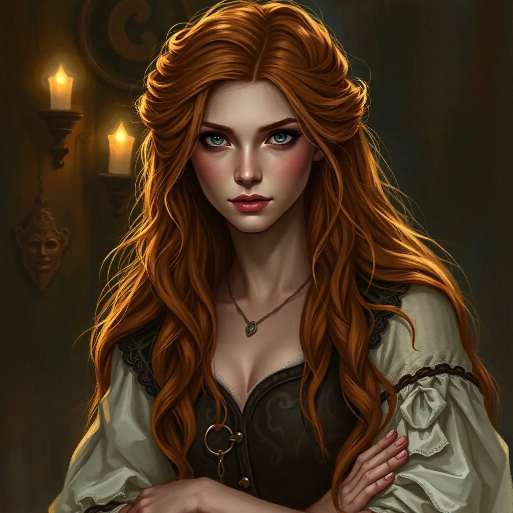 a beautiful fantasy woman, young, long ginger hair, medieval, troubled, tavern wench, fantasy art