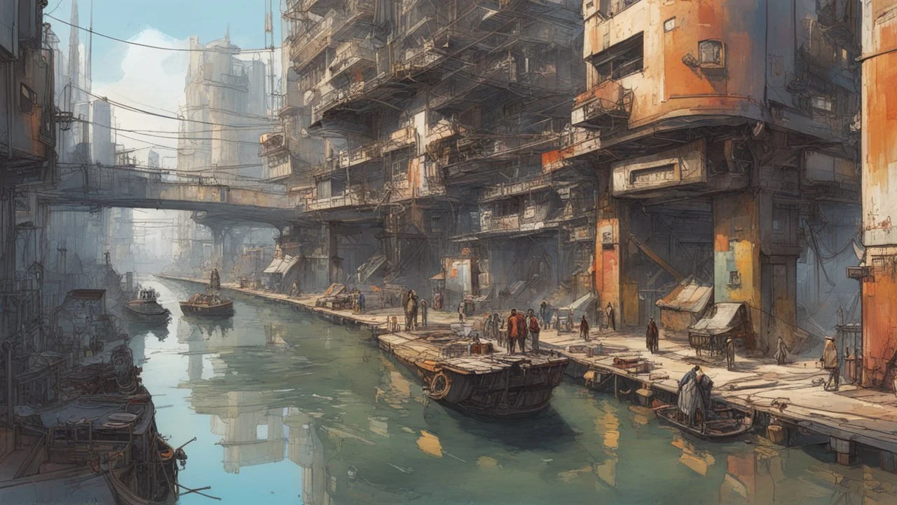 Water-level view of buildings made of reused dirty rusty metal next to futuristic canal junction, cyberpunk, many painted colours, flying boats, balconies, bridges, people, shopping, eating, walking, fifth element, ghost in the shell, altered carbon, Ian McQue, lineart and watercolour