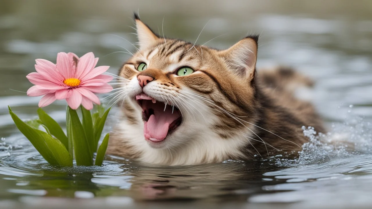 laughing cat in water with flower