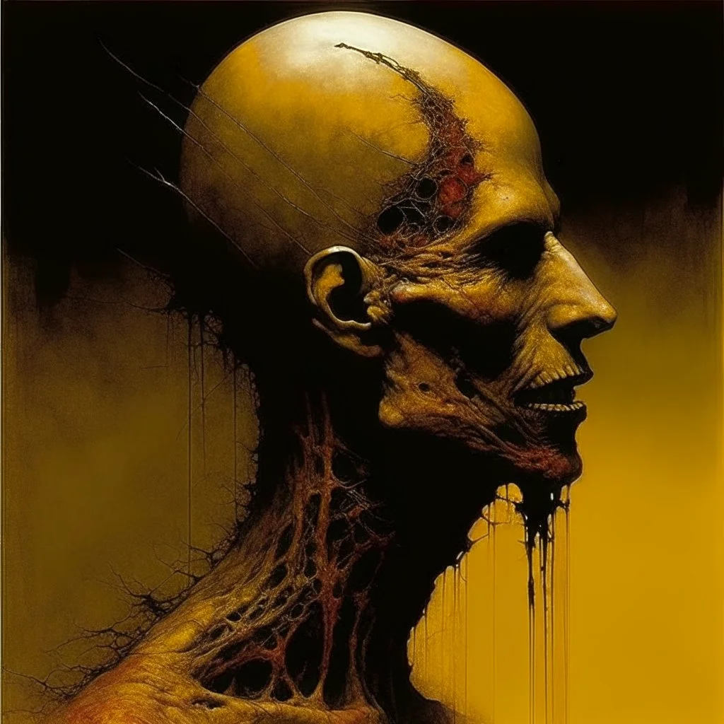 small head Sopor Aeternus depicting a fear of being alone, Style by Ray Johnson and Dave McKean and Alvaro Martinez Bueno, surreal horror, dynamic composition, color burn, based on the imagery of Zdzislaw Beksinski, minimalism, artistic