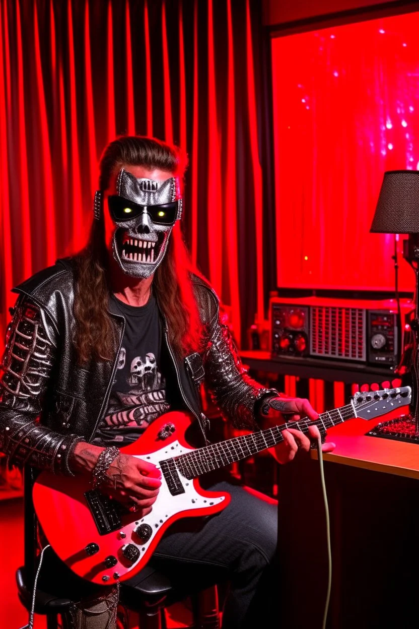 A fire starts in a radio studio, a Terminator T800 drums, a radio host of a hard rock show plays guitar, the host wears a gas mask and a black Iron Maiden shirt.