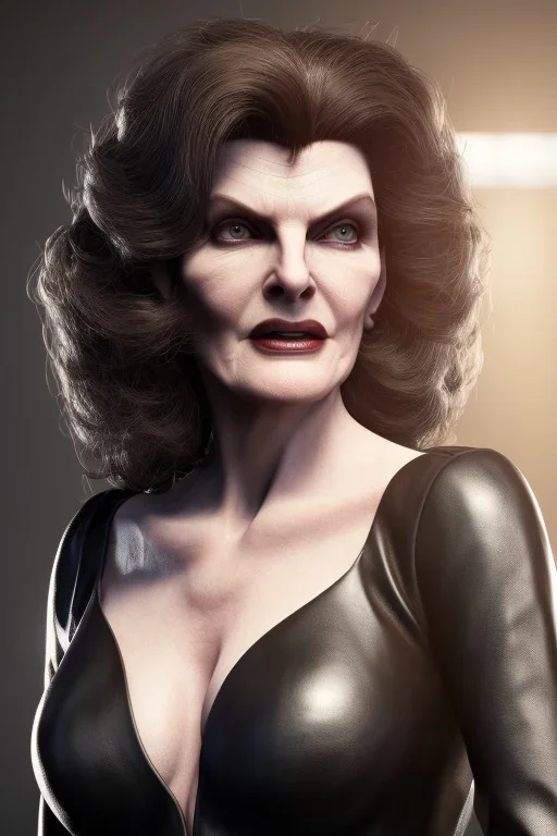 Rene Russo as evil queen in black leather gown, angry, busty, curvey, cleavage, unreal 5, octane render,cinema4d, dynamic lighting, dramatic lighting, 4k, redshift render, highly detailed, hyper realistic