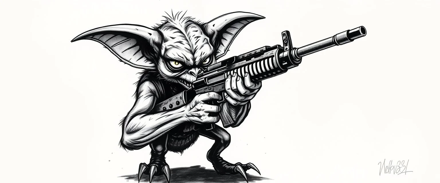 airbrush with pen outline, mongrel goblin gremlin holding uzi