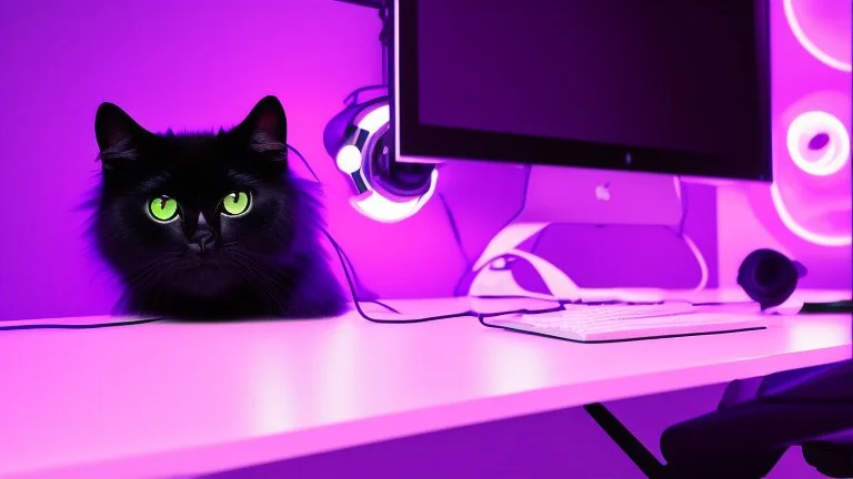 Cute black cat sitting on a gaming chair, in front of a gaming PC table, in a dark room with purple lights and gaming posters, atmospheric, gorgeous, realistic