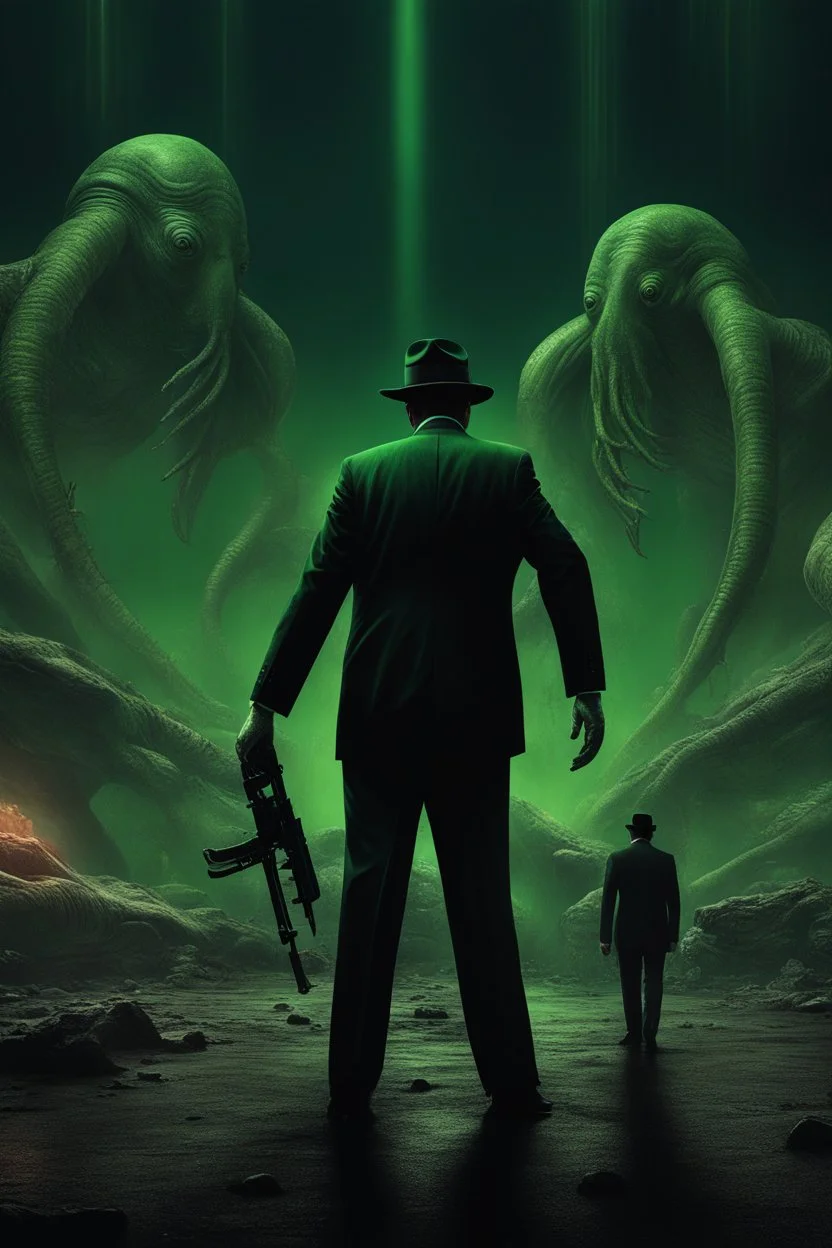 chiaroscuro, deep shadows, masterpiece, rich deep colors, highly detailed portrait, 500,000,000 years in the future after Aliens invaded earth, Al Capone standing in an apocalyptic wasteland next to an extremely muscular giant green Martian with four arms, 4k, 8k, 16k, 32k. 100k UHD, extremely detailed skin texture, hyper-realistic, photorealistic, Realism Engine, Realistic Vision V