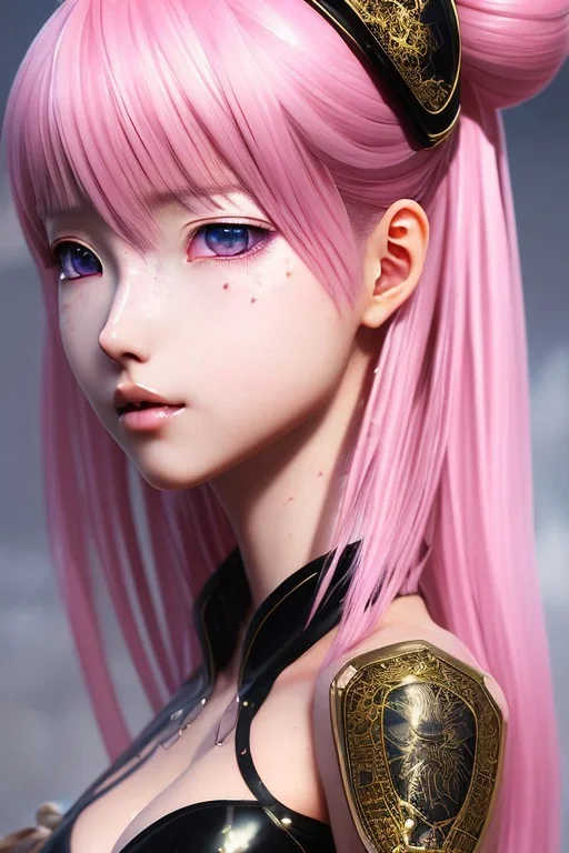 Detailed cute anime Kunoichi girl, pink hair buns, pink bangs, black latex bodysuit, intricate details, full body portrait, keep head in frame, slight smile, black Japanese motif, concept art, highly detailed, digital painting, concept art, sharp focus, illustration, art by Yoji Shinkawa, WLOP and greg rutkowski and alphonse mucha and artgerm and yanjun Chen and Junji ito and Makoto Shinkai, HDR, octane render