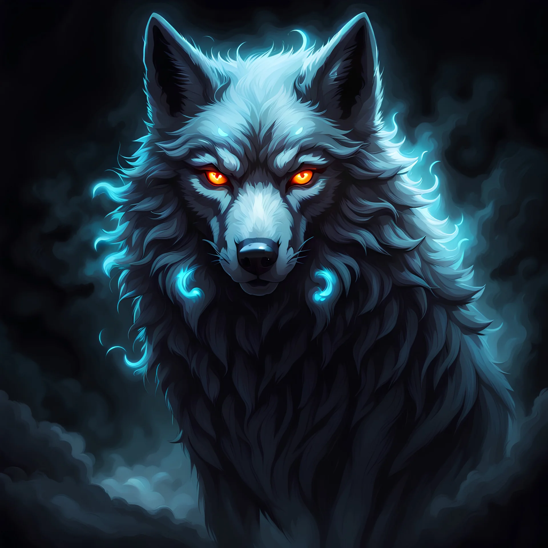 Super cool ghostly spiritual wolf with menacing glowing eyes In a dark room. It sits alone staring straightly and deeply at us, it has a painted-anime style.