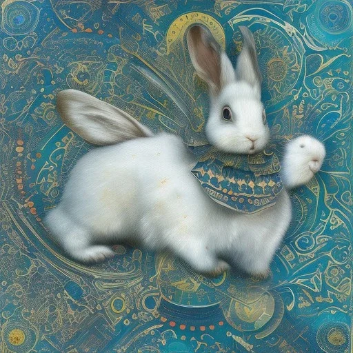 white platinum rabbit with blue third aye and butterfly wings, aboriginal, dot painting, indiginous, dot, mud, dream-time, abstract, dots, natural pigment, extremely sharp detail, finely tuned detail, ultra high definition, 8 k, unreal engine 5, ultra sharp focus, art germ and Paul Lewin and Kehinde Wiley, winter ambiance