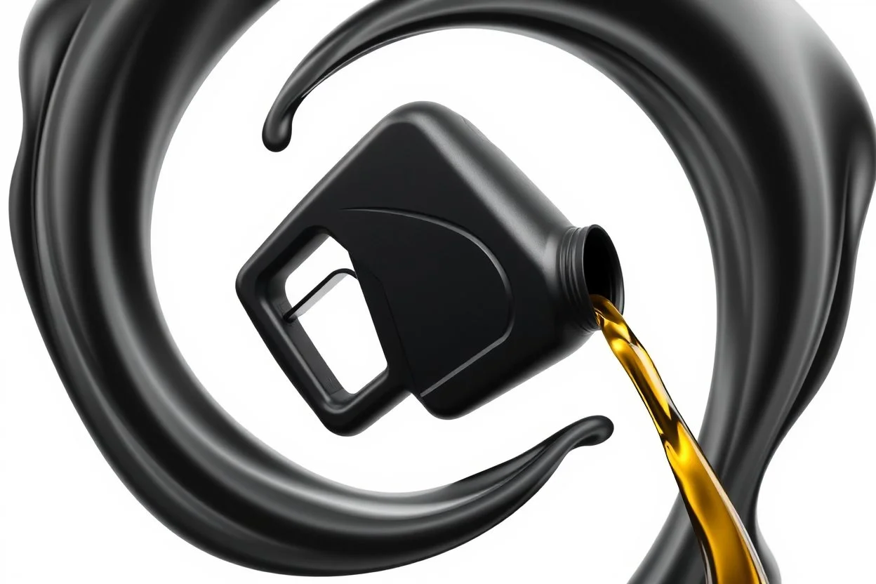 whole bottle(black plastic, generic motor oil) floating in middle of image, on it's side pouring(oil) out of the opening. white background, Smooth vector