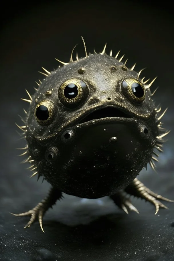 Solid spherical creature, four black eyes, very small mouth, lighting body, The creature is iron, high details, stunning realistic photograph