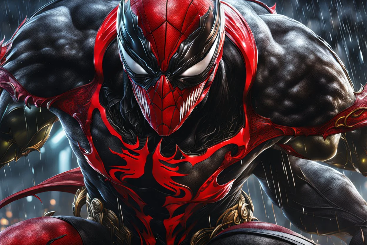 Spawn in 8k cgi game drawing style, venom them, close picture, rain, neon, intricate details, highly detailed, high details, detailed portrait, masterpiece,ultra detailed, ultra quality