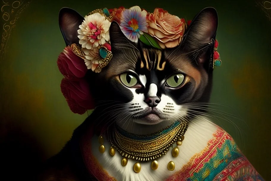 antropomorphic Frida Kahlo cat