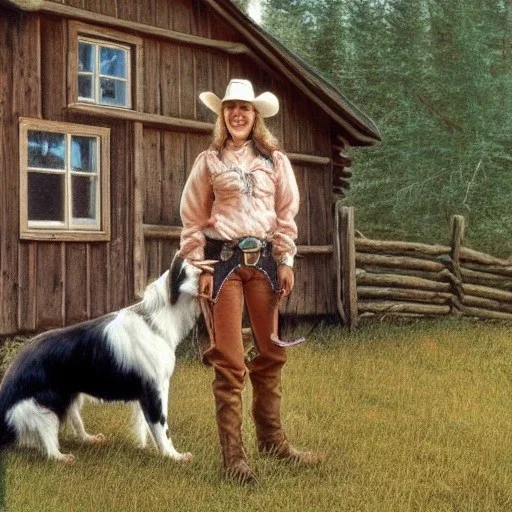 cowgirl in front of cabin with a border collie dog, 8k, high-quality, ultra-fine detail, Brian Froud, Howard Lyon, Alfredo Rodriguez, Jack Sorenson