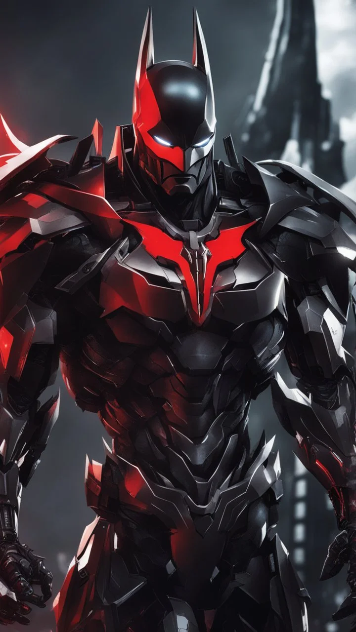 A close picture to Mix between symbiote and machine and batman in transformers cyborg with black metal and red details armor in solo leveling shadow art style with red details detailsis in fantasy world