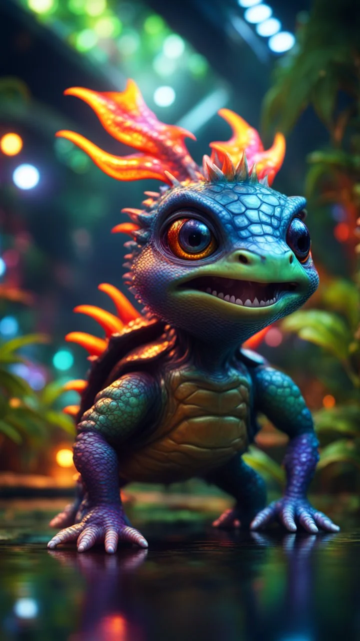 Psychedelic fire breathing space gremlin alien turtle dragon with friendly cute face and hair like a rocker, in dark lit reflective wet jungle metallic hall dome hotel tunnel, in the style of a game,bokeh like f/0.8, tilt-shift lens 8k, high detail, smooth render, down-light, unreal engine, prize winning