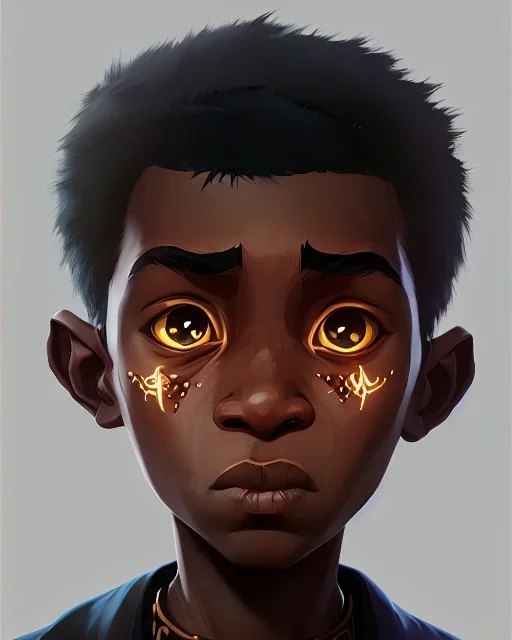 Portrait of a handsome black skinned toddler warlock boy with dark hair by Jim Kay