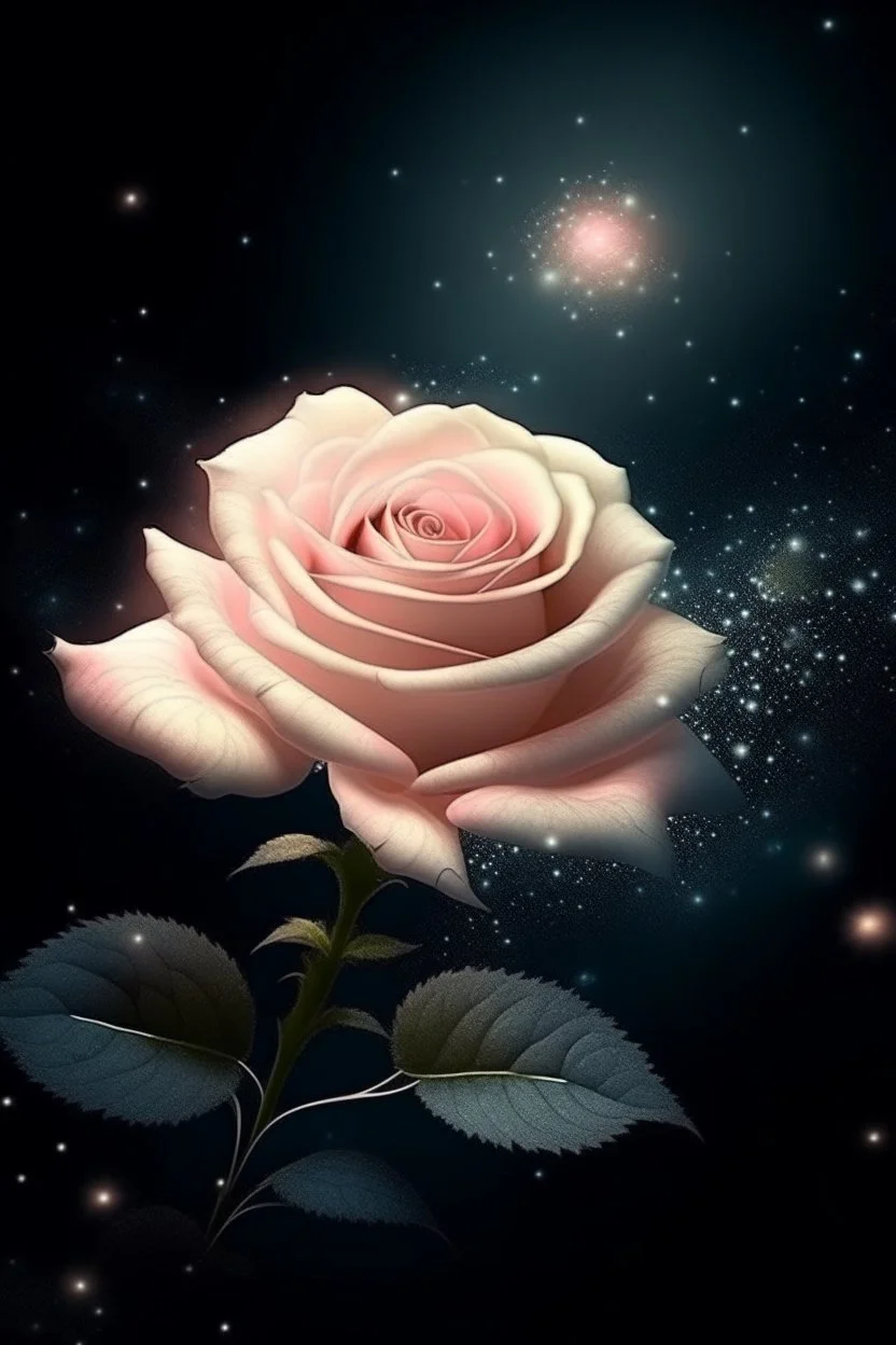 delicate creamy rose, night, bright stars, shine magic