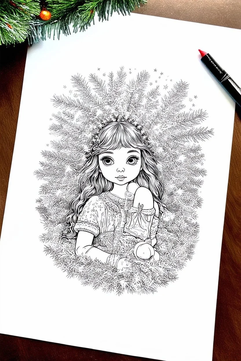 coloring page of a Christmas drawing, A4, white background, black and white, magical style, dreamy, detailed drawing, christmas magic