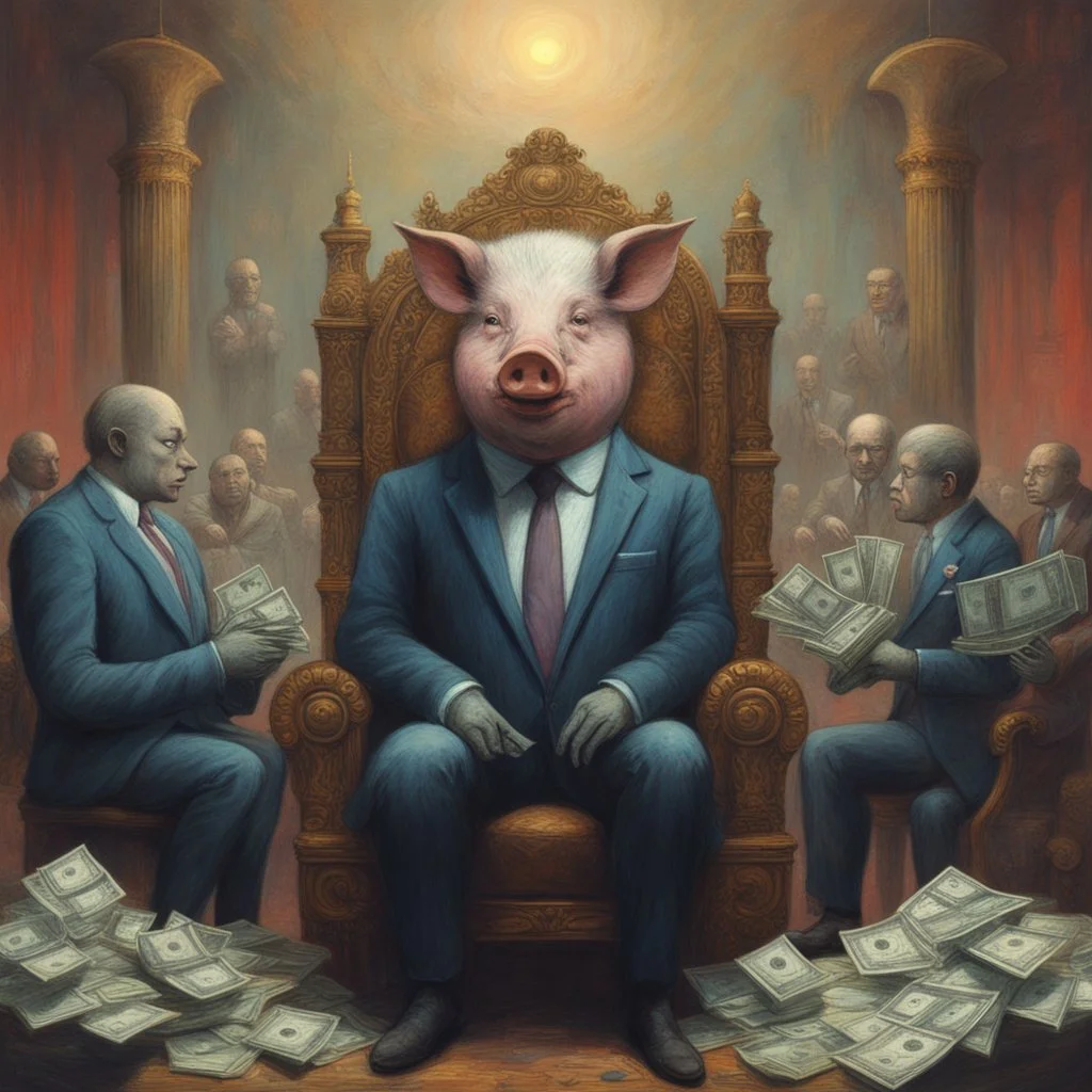 rich pig in suit on a throne making stacks of money by making a deal with a buisnessman. background of musicians. beksinski style