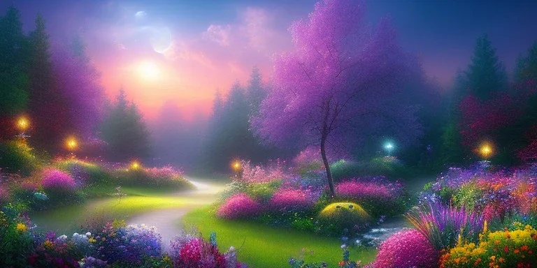 bright fairy, beautiful portrait, flowery landscape