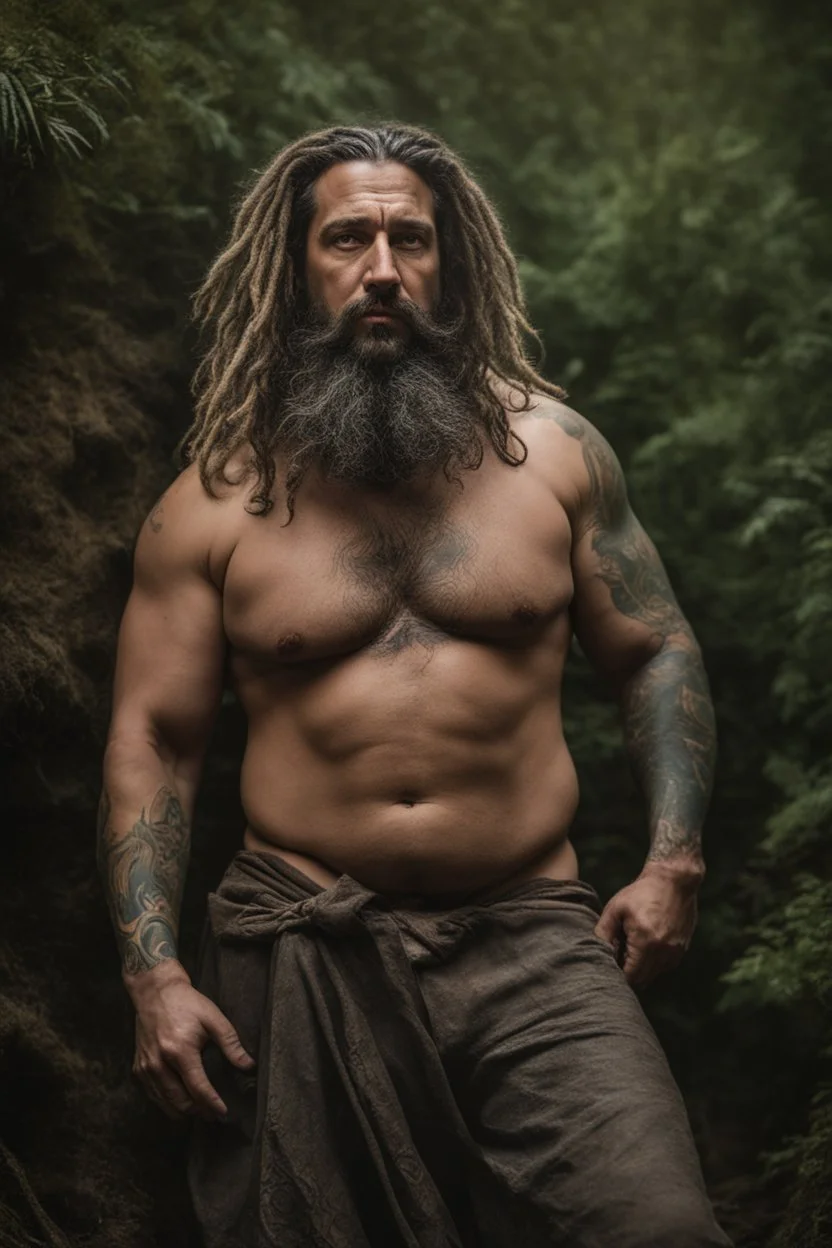 full figure shot, very realistic photography, ugly tired chubby stocky gipsy 35 years old , very oiled body, very detailed, dim light, view from below, short beard, emotive eyes, dreadlocks, tattoo, bullneck, mature barely burly bearded muscled and robust , bulge, seamlessly blending big masculine forms , editorial ambiance, cross-processing effects, big shoulders, ambient occlusion , bright shiny light, Iridescent scales and luminescent textures, impressive composition, volumetric light,