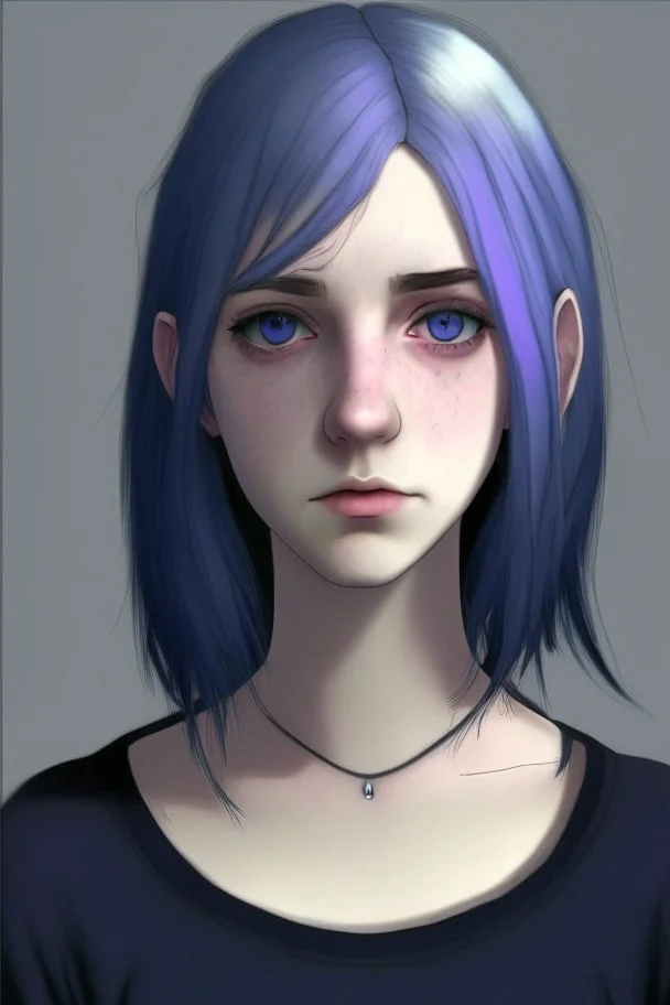 Realistic female teenager with pale skin, big grey eyes, blue and purple shoulder length hair, round face, prominent collarbones, black clothing