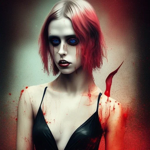 singer Danish MØ, background liquid, blood, hair guts, darkred tones,