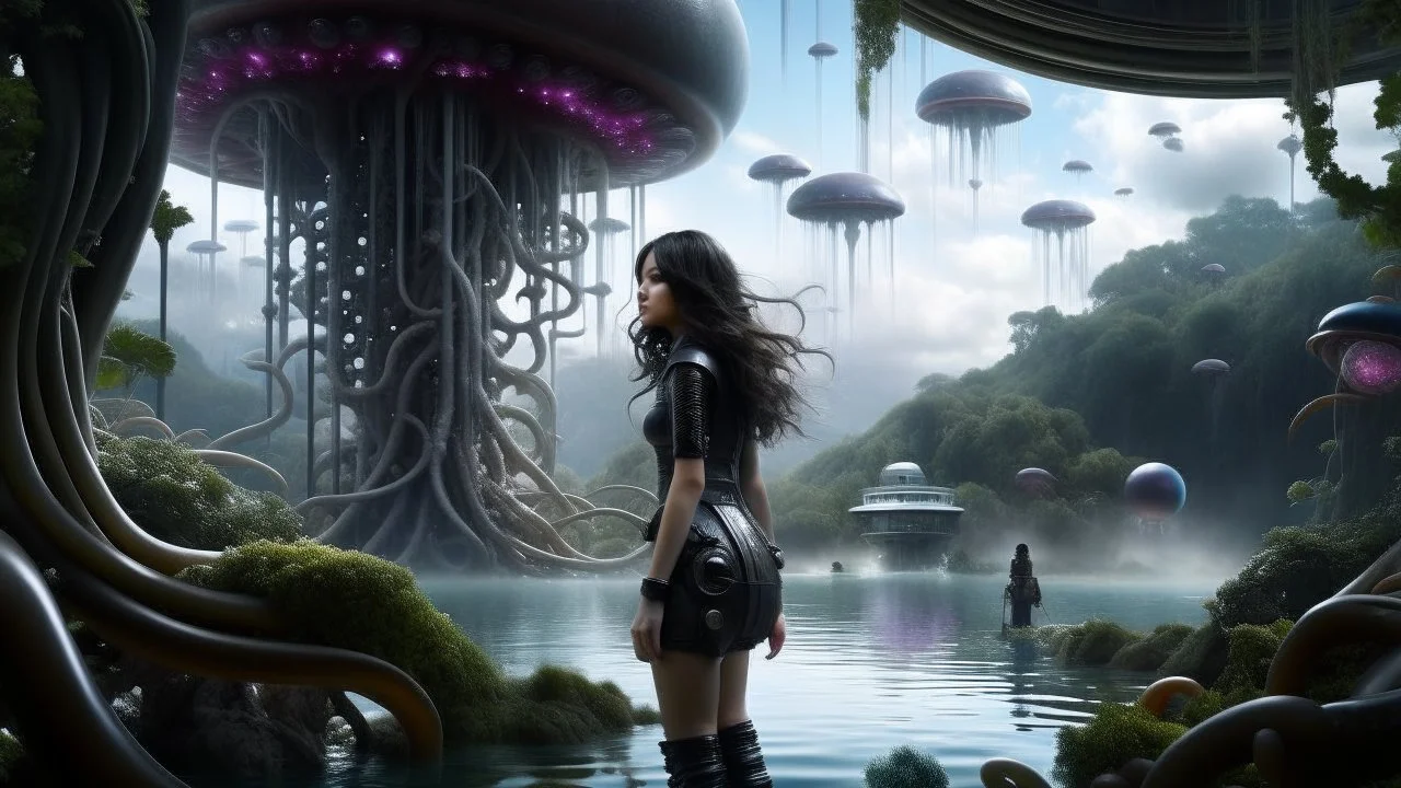 Detailed matte painting of a wide-angle shot of a woman, standing on the left side of the shot, with dark hair in a silver robotic catsuit, many large floating jellyfish with octopus tentacles, alien jungle trees in the distance, with an alien beach and lake