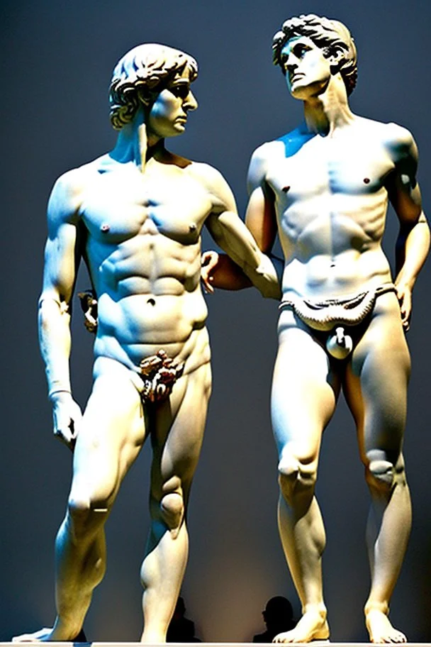 in a modern art display, two famous statues are next to each other, one is David and the other is the Discobulus statue. The discobulus hand covers the private part of David, they both look disgusted at each other