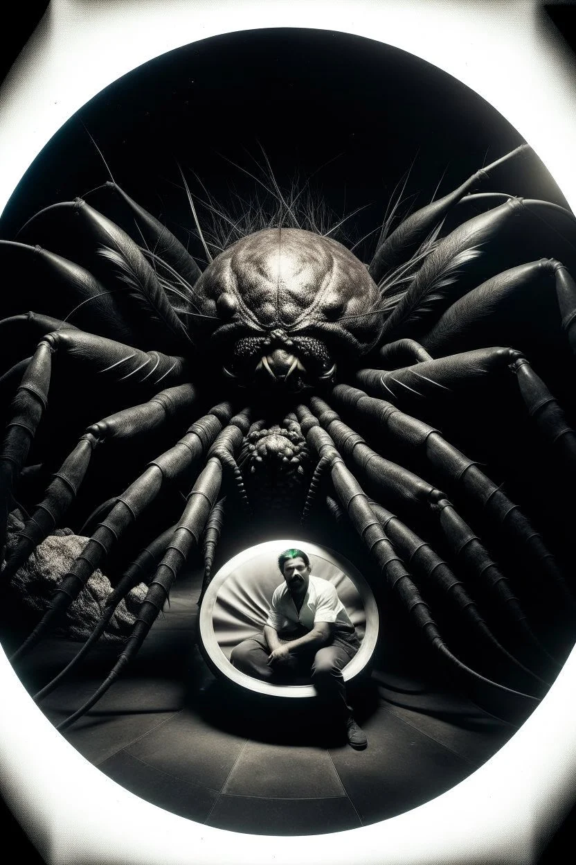 polaroid, gruesome, cosmic unreal entity, terrifying, man next to it for size comparison, roughly 100-feet in diameter, these creatures are able to form limbs, eyes, teeth, wings, and other appendages at will, imitate other life forms, and perform great feats of strength