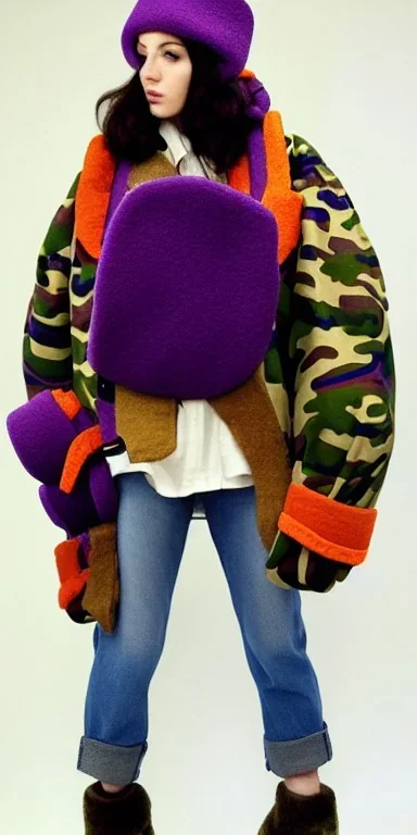 Brunette she. average body type. big head. Mantle is sewed of upcycled Denim and sewed together of camouflage pieces. Pieces' color are orange, cream and purple. It is with big bright purple felt tippet and cream-colored-hood. mantle is merged with satchel. . Big AKG-style headphones (gold rings!) is merged with small felt cap with small visor. Style: Haute Couture in 1910's, Paris fashion in 1998, inspired by street art. Cream latex gaiter. Her head and rest body!