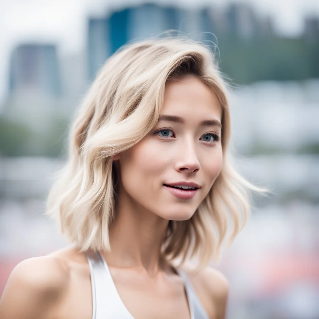 beautiful anorexic asian female, total shot, shiny silver triathlon swimsuit, short blond wavy bob hair, blurred city background