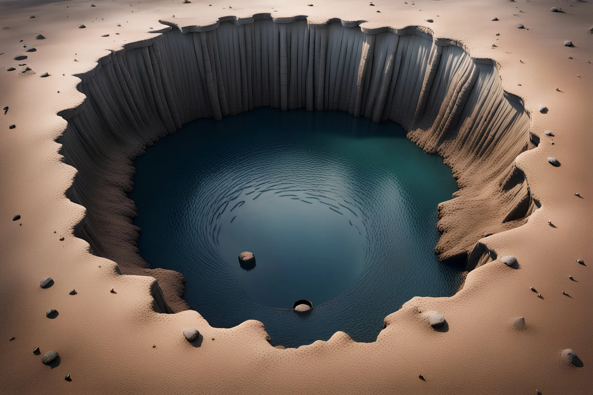 realistic bird's eye view of a bottomless pit. water is falling into the void