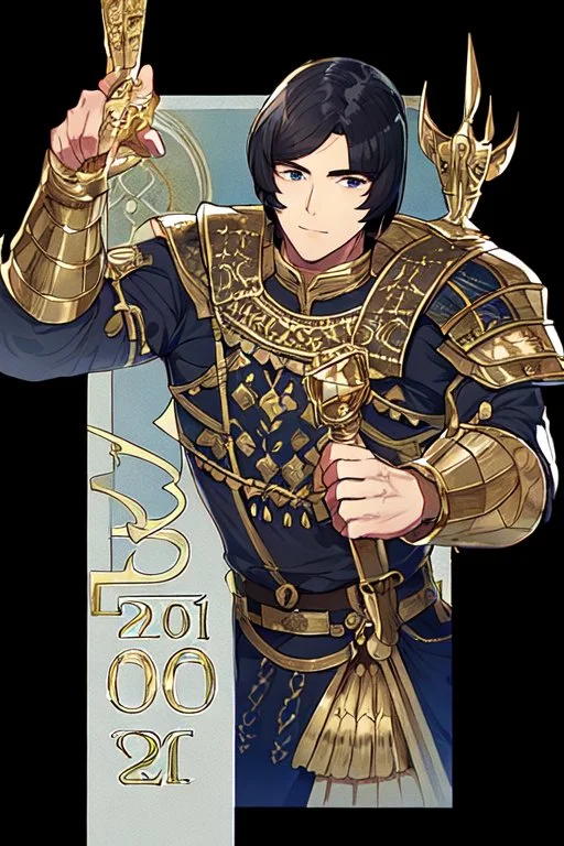 A handsome 30 year old knight, black hair, dark blue eyes, male bob haircut, in black-and-gold plate armor, no beard, european, portrait